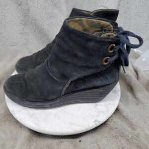 Fly London Shoes Womens EU 39 US 8-8.5 Black Suede Yama Wedge Ankle Boots *Read*